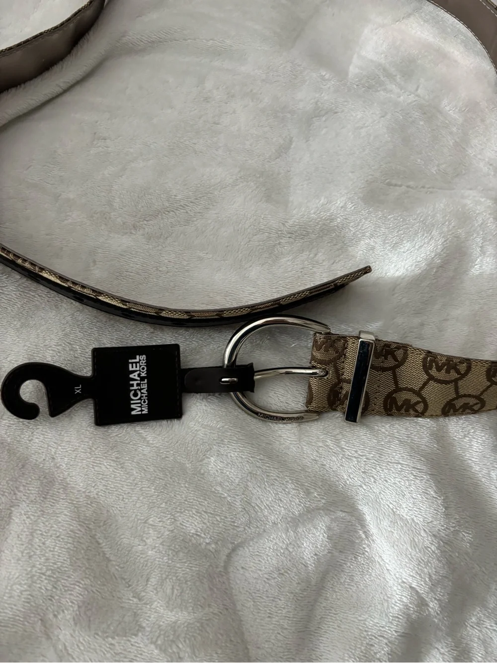 MICHAEL Michael Kors Tan MK Signature Logo Belt with Silver Buckle